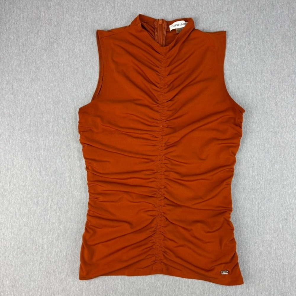Calvin Klein Sleeveless Top Women XS Burnt Orange Excellent Ruched Mock Neck